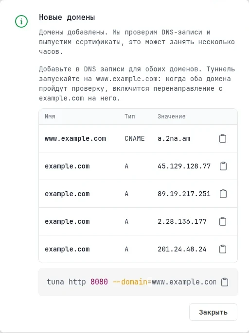 Окно «Новые домены»: CNAME-запись для www.example.com и A-записи для example.com