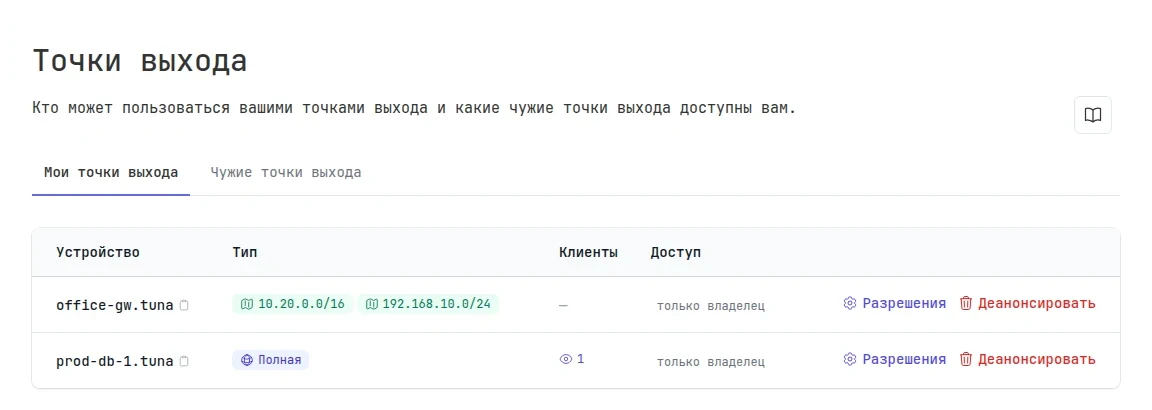 Раздел «Точки выхода»: office-gw раздаёт две подсети, prod-db-1 — полную точку выхода, доступ «только владелец»