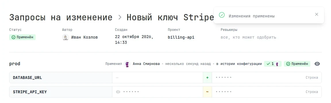 Применённый блок: кто и когда применил изменения, ссылка на историю конфигурации